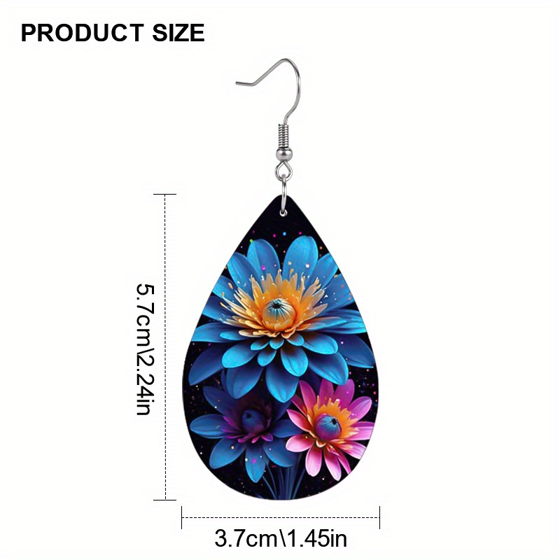 Women's Blue Pink Flower Print Waterdrop Hoop Earrings, Gift
